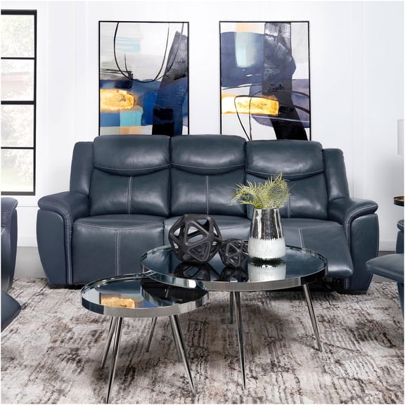 JERFIT Modern Reclining Sofa with Power Outlet & Drop Down Table, Faux Leather Upholstered Motion Couch with Cup Holders and Hidden Storage, Blue