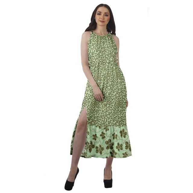 Moomaya Robe Longue Maxi de Fête pour Femmes en Rayonne Imprimée à Encolure Licou avec Fente avant