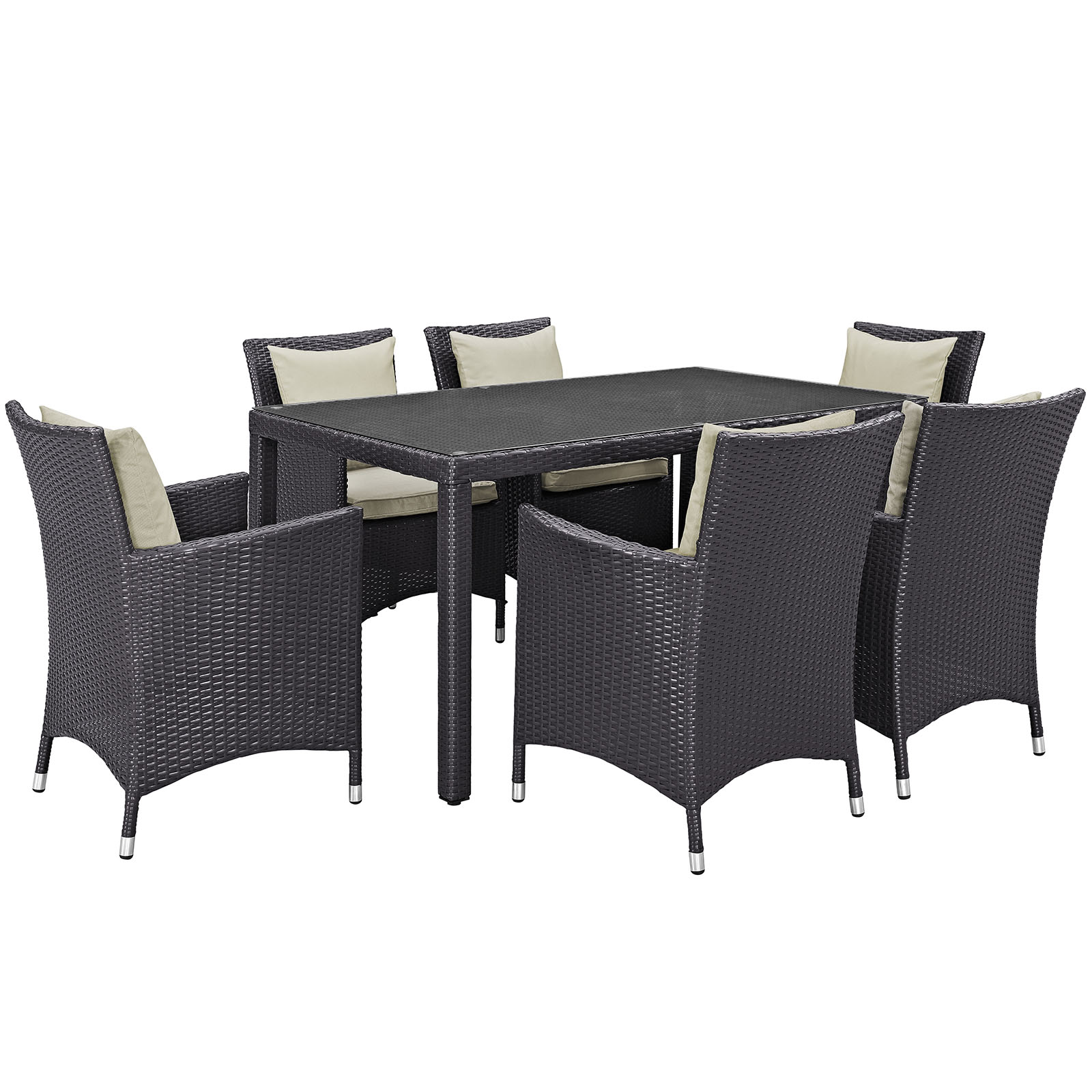 Modern Contemporary Urban Design Outdoor Patio Balcony Seven PCS Dining Chairs and Table Set, Beige, Rattan - image 1 of 7