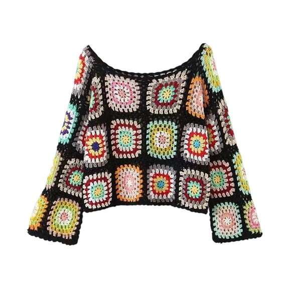 GBSYEWXS Women Sweater Boat Neck Flowers Print Long Sleeve Hollow-Out Casual Black Sweater