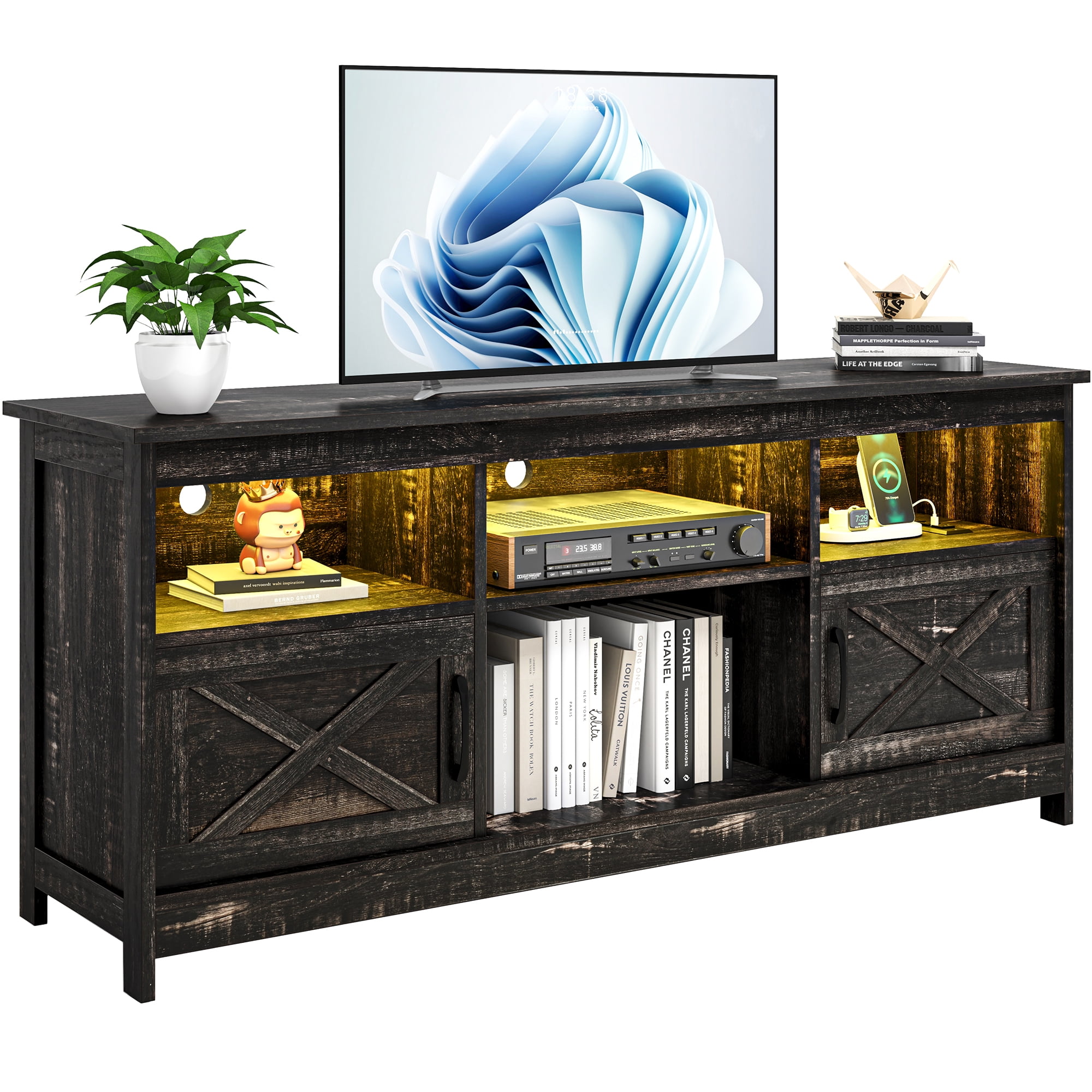 ModFusion Rustic Black TV Stand with Support for 70" Screens, Dual Doors with Magnetic Hinges, Adjustable Shelves, LED Lighting, Cable Management, Freestanding Design, and 300 lb Capacity