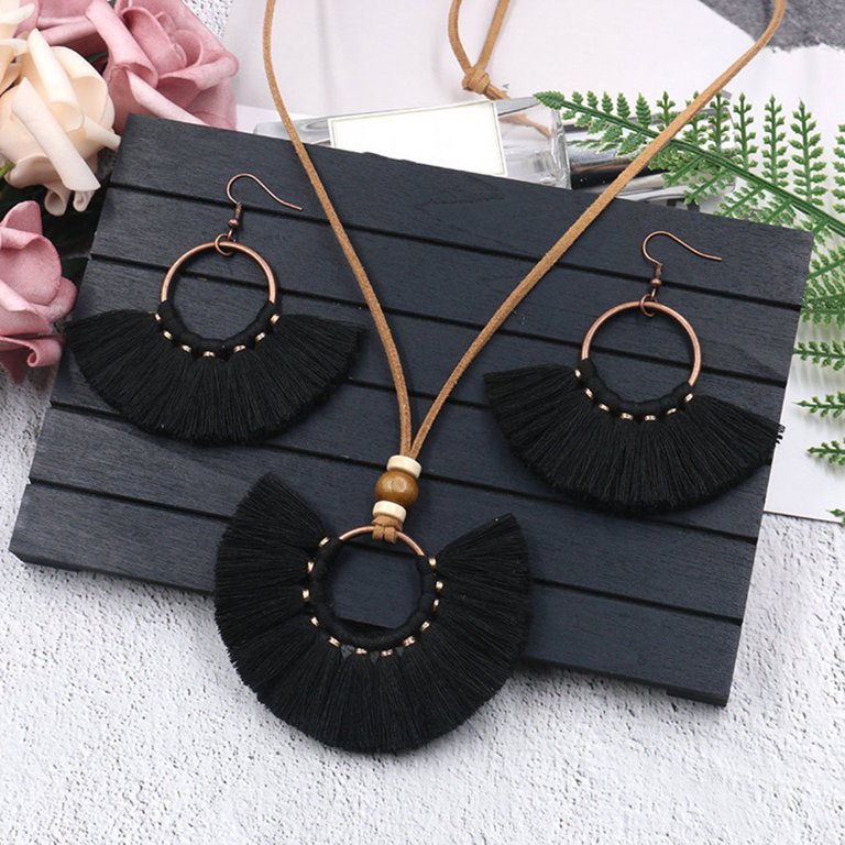 Ayyufe Vintage Fan Shape Tassel Circle Pendant Necklace Hook Earrings Women  Set 