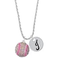 thumbnail image 1 of Delight Jewelry Silvertone Large Super Sparkle Crystal Pink AB Softball Silvertone Script Initial Disc - J - Charm Necklace, 20"+3", 1 of 4
