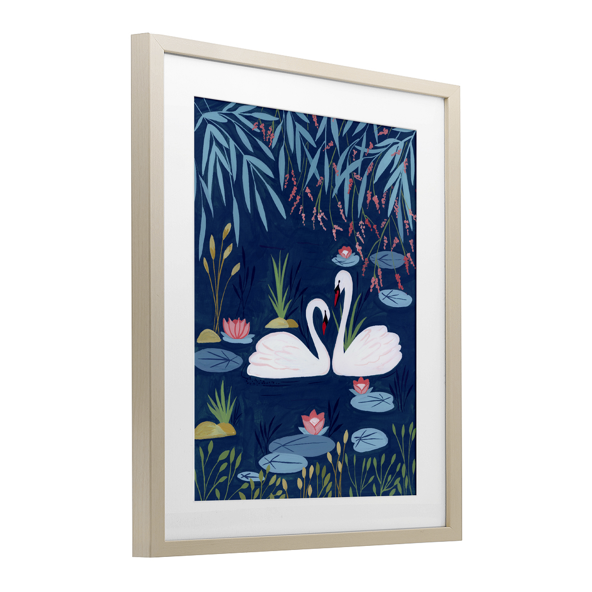 Swan Pair on Blue Pond Birch Framed Print Under Glass, design by Nabeela Rumi