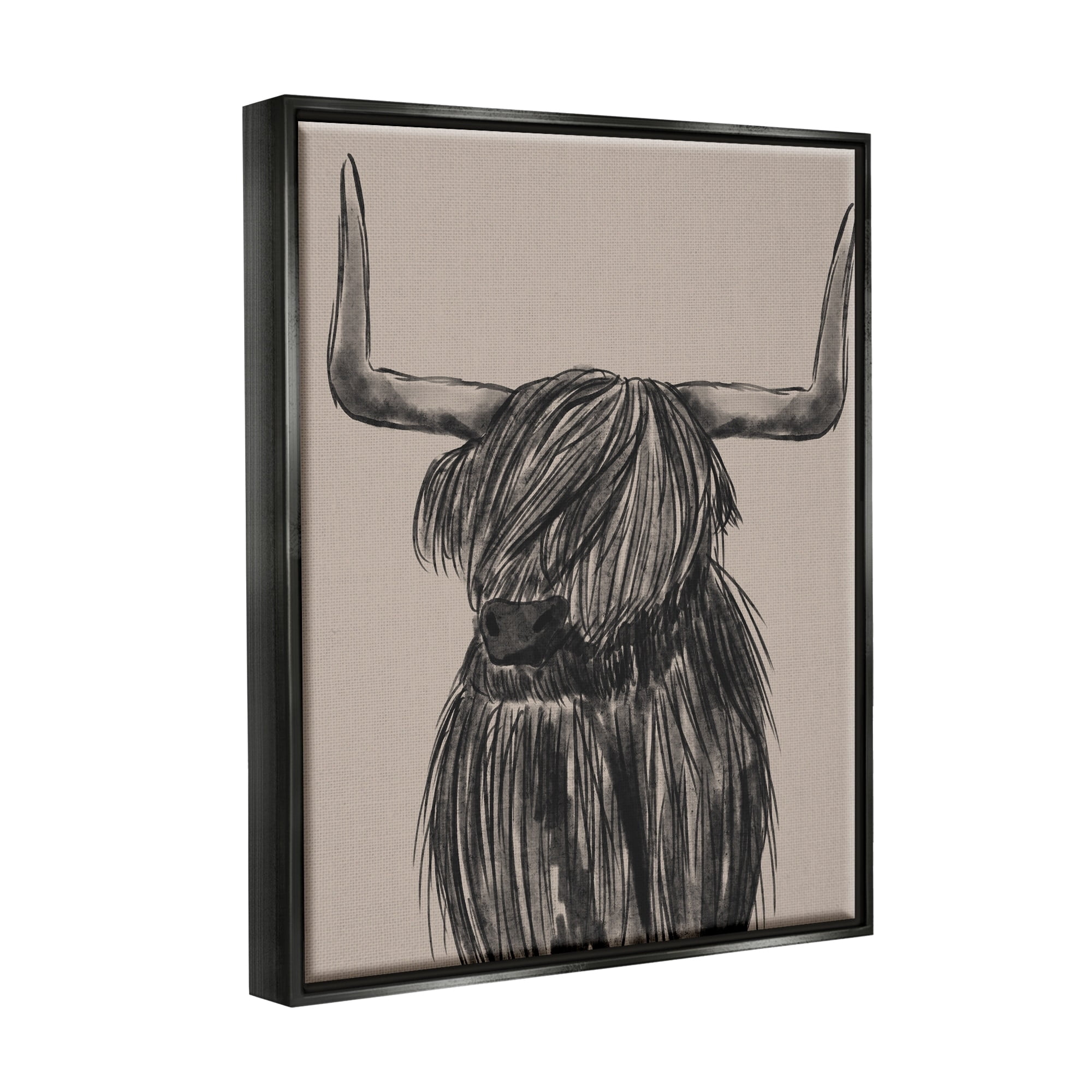 Stupell Industries Longhorn Highland Cattle Charcoal Line Drawing Portrait Drawing Print Jet Black Floating Framed Canvas Print Wall Art, Design by Lisa Whitebutton