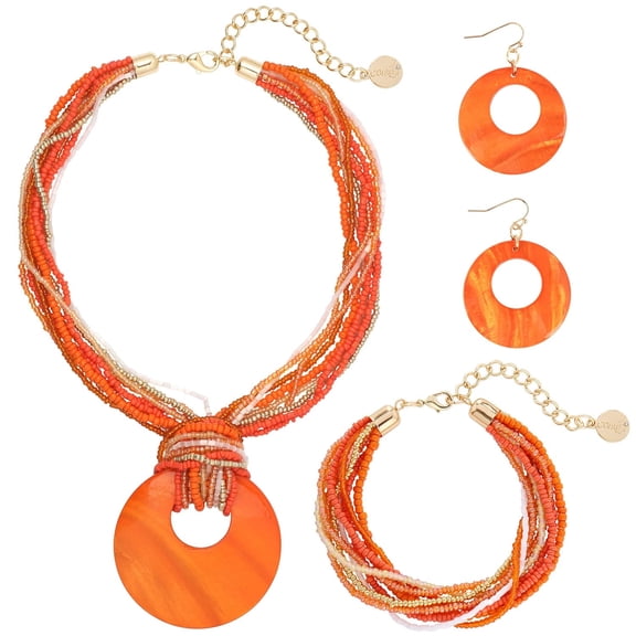 Bocar Multi Strand Statement Colorful Beaded Necklace with Big Circle Shell Pendant for Women(N0055_Orange)