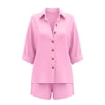 thumbnail image 5 of FengLS Women's Fashion 2 Piece Sets Lapel Collar Button Down Shirt & Short Pants Sets Cotton Linen Lightweight Breathable Sets for Daily Outdoor & Casual Home Wear, 5 of 9