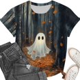 thumbnail image 3 of Women's Fall Halloween Shirts Forest Ghost Graphic Tees Short Sleeve Crew Neck T-Shirts Casual Autumn Leaves Novelty Tops Festive Holiday Wear, 3 of 6