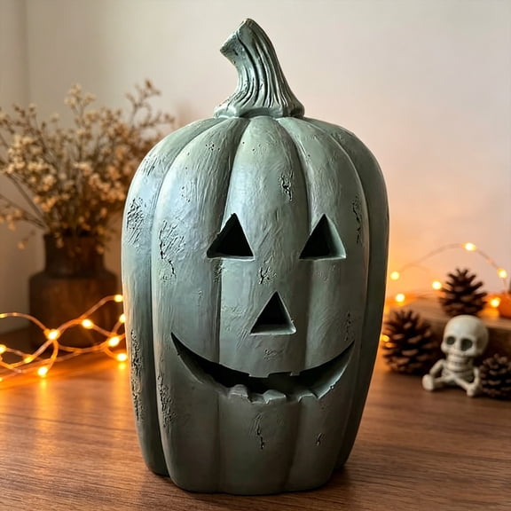 Vintage Distressed Gray Resin Jack O Lantern Fall Halloween Decor Weathered Textured Pumpkin Light Up Ornament for Mantel Front Porch Covered Indoor Outdoor Decoration