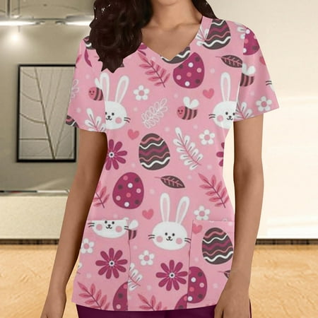 

Easter Scrub Tops Women Bunny Egg Hunt Print Medical Scrub Tops with Pocket Summer Comfy Short Sleeve V Neck Holiday Tunics