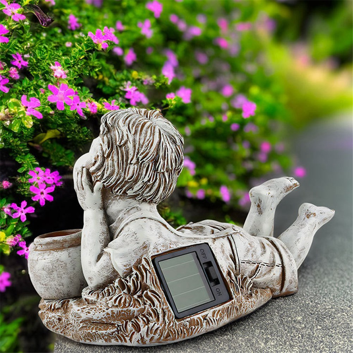 Kid with Solar Lights Garden Decoration Outdoor Statue Resin Jar Boy Flowerbed Yard Sculpture Decor