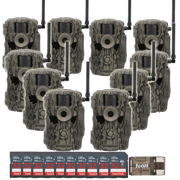 Stealth Cam 36MP Fusion Max Cellular Trail Camera with 80 Feet Detection Range 10-Pack with Ten 32GB Memory Cards and Card Reader