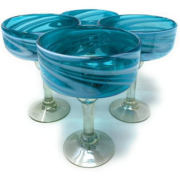 Hand Blown Margarita Glasses Set of 4 with Aqua Swirl Design 16 oz