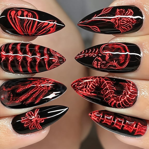 Halloween Nail Art Stickers 24 Pcs, Skulls and Bones Flowers Butterflies Cool Edgy Elegant Wearable Nail Tips, Spooky Chic False Nail Decor for Women Girls, Party Manicure DIY Kit