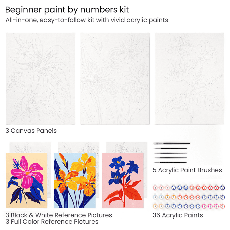 Arteza Collection Floral Paint by Numbers Kit, Unisex Adult Beginner Paint Set
