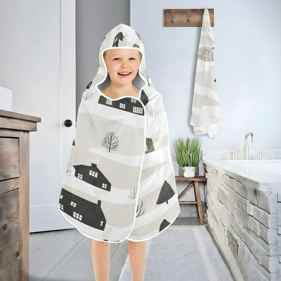 Winter Village Kid's Hooded Bath Towel Poncho, Full-Print Polyester, 50"x23.5"