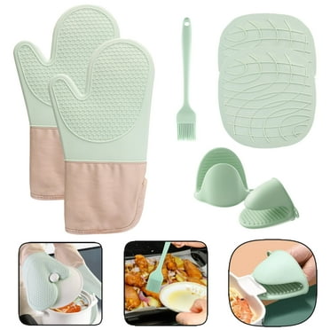 Hinzonek 7 Pack Silicone Oven Mitts and Pot Holders Set, Non-Slip Heat Resistant Oven Gloves for Cooking Baking Grilling, Green