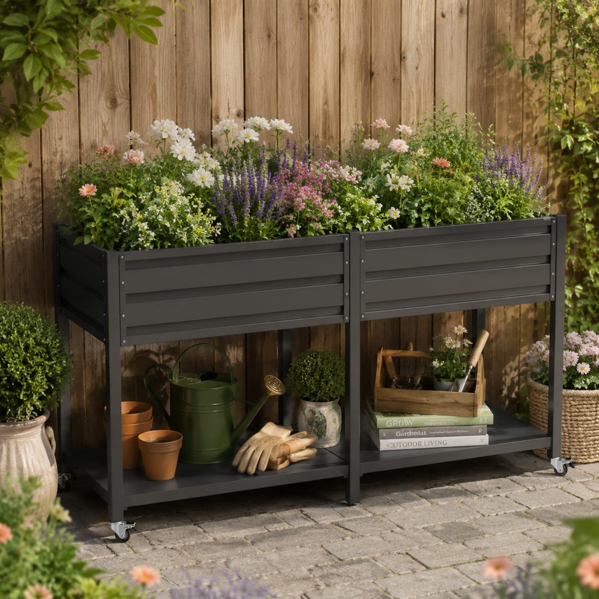 Aukfa 2-Tier Elevated Raised Garden Bed with Lockable Wheels, 37.8" Tall Outdoor Galvanized Metal Planter Box for Vegetables, Herbs, Flowers, Patio Backyard Garden, Black