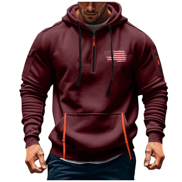 Sweat à Capuche pour Hommes, Sport Décontracté, avec Poche Imprimée et Demi-Fermeture Éclair