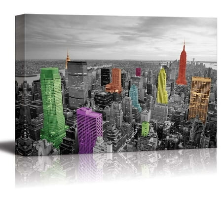 Art Black And White Photograph wall26 Black and White Photograph with Pops of Color on Some of the Buildings in New York - Canvas Art Home Decor - 24x36 inches ()