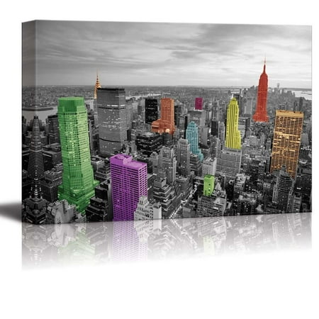 wall26 Black and White Photograph with Pops of Color on Some of the Buildings in New York - Canvas Art Home Decor - 24x36 (Best Buildings In New York)