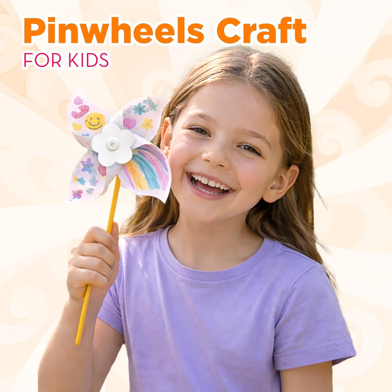 4E's Novelty 24 Pack DIY Pinwheels Craft for Kids, Bulk Summer Pinwheel Craft Kit, Colour Your Own Paper Windmill
