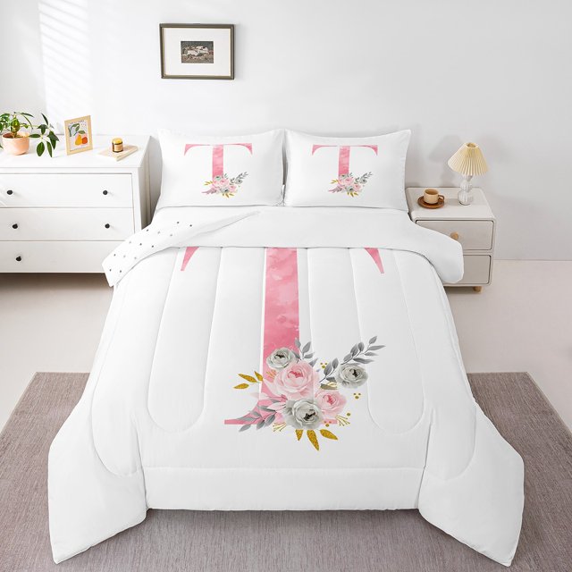 Erosebridal Letter Personalized Comforter Sets Queen Size,Floral Flower Bedding Queen Comforter Set,Initial Monogrammed Bedding Sets Queen with Comforter,Teens Bedroom Decor,Reversible,3 Pieces