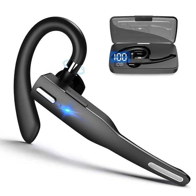 auricular inalámbrico bluetooth, auricular inalámbrico bluetooth 5.1 con estuche de carga, para conducir en la oficina Auricular True Wireless negro con gancho intraauricular flexible y micrófono alargado, led azul activo; estuche de carga compacto con pantalla LED numérica y puerto Tipo-C, diseñado para llamadas manos libres, botón de silencio y compatibilidad con asistente de voz; también suele usarse para llamadas durante viajes.