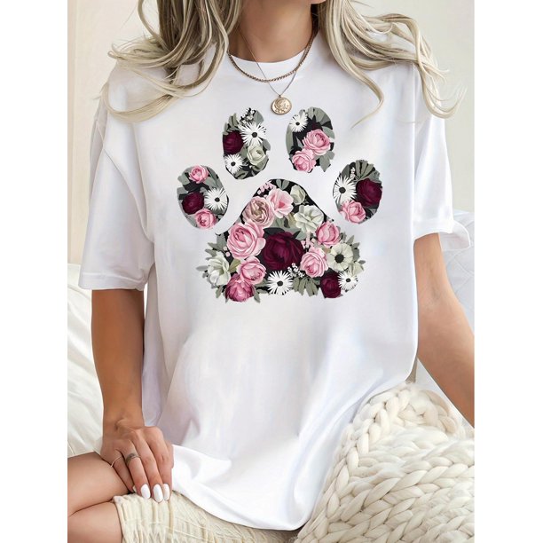 1pc Women'S Floral Paw Print T-Shirt, Casual Crew Neck Short Sleeve Top, Polyester Knit Fabric, Medium Stretch, All-Season Comfort, Fashionable Geometric Pattern Tee