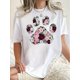 thumbnail image 1 of 1pc Women'S Floral Paw Print T-Shirt, Casual Crew Neck Short Sleeve Top, Polyester Knit Fabric, Medium Stretch, All-Season Comfort, Fashionable Geometric Pattern Tee, 1 of 6