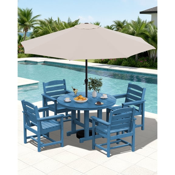 SERWALL 6-Pc Dining Set, 45" Table, 4 Chairs&9FT Umbrella, Navy (No Base)