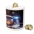 thumbnail image 3 of Space Cat Piggy Bank, Kitten in Space Suit Sun Lunar Eclipse over Planet Stars Image, Ceramic Coin Bank Money Box for Cash Saving, 3.6" X 3.2", Dark Blue Orange, by Ambesonne, 3 of 4