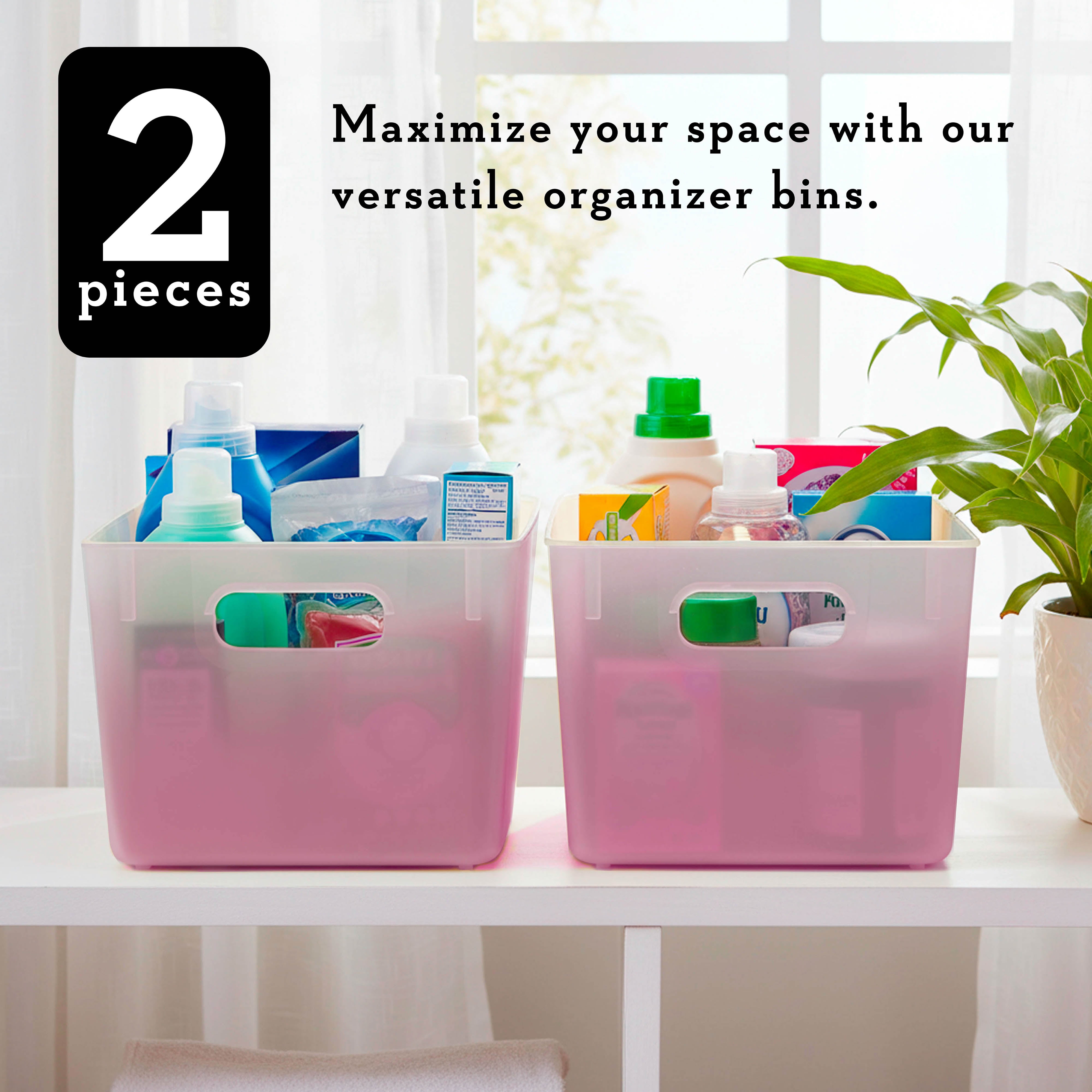 Kensie Closet Storage Bins with Handles, Stackable, 2-Pack, Frosted Blush