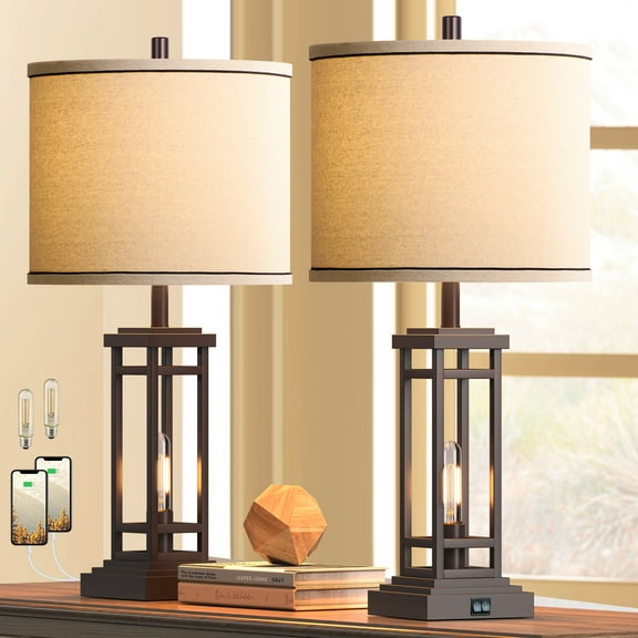 27.5 Tall Farmhouse Table Lamps with USB C USB A Charge Ports, Rustic Living Room Lamps Set of 2, Black Industrial End Table Lamp for Bedroom Living Room Nightstand (Oil-Rubbed Bronze)