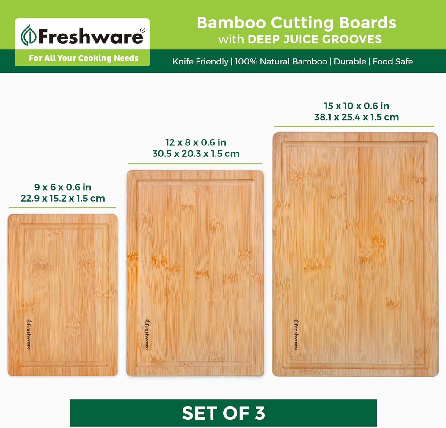 Freshware Wood Cutting Boards - Bamboo Set with Juice Grooves and Easy Grip Handle, 3 Sizes 9x6, 12x8, 15x10