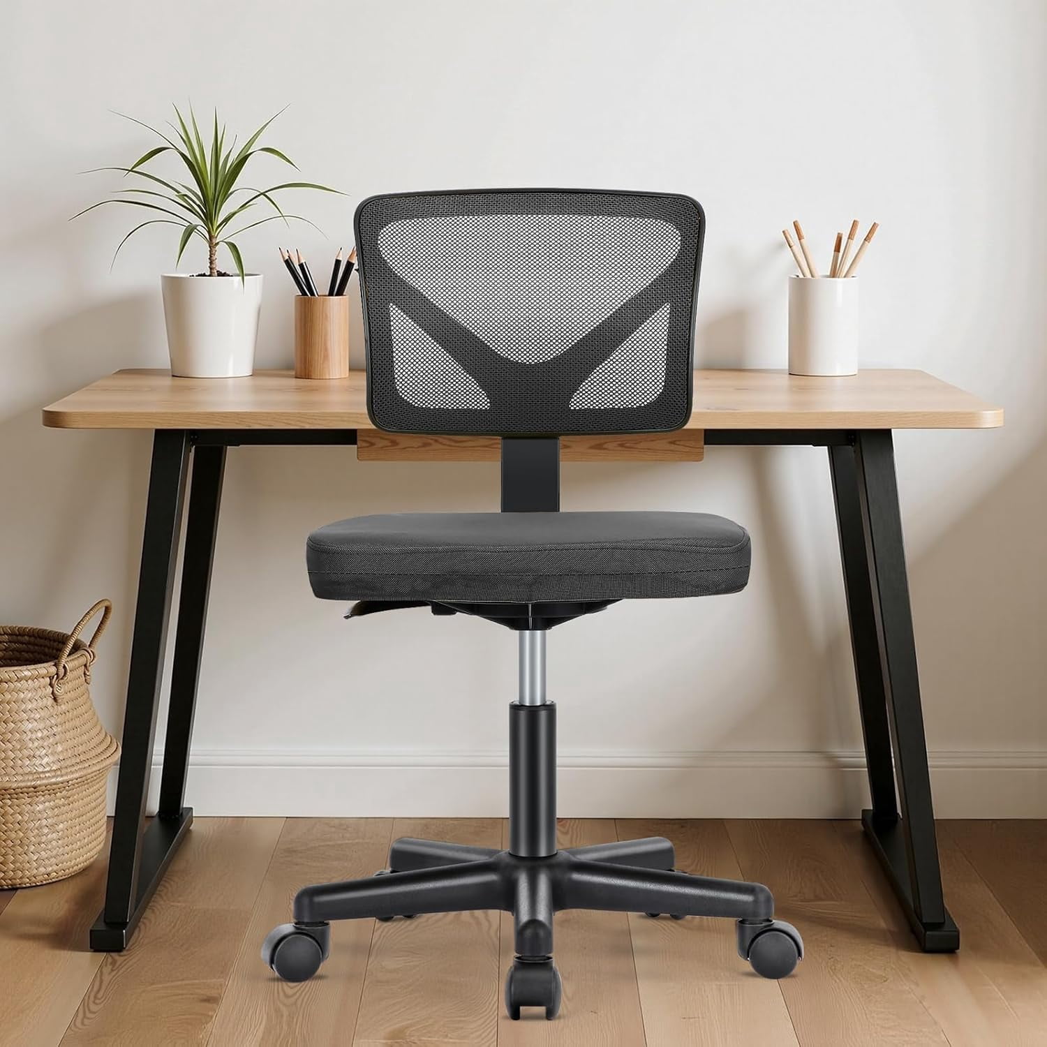 Basics Rolling Desk Chair, Adjustable, Low Back, Padded Seat, Breathable Mesh, Swivel, Blue