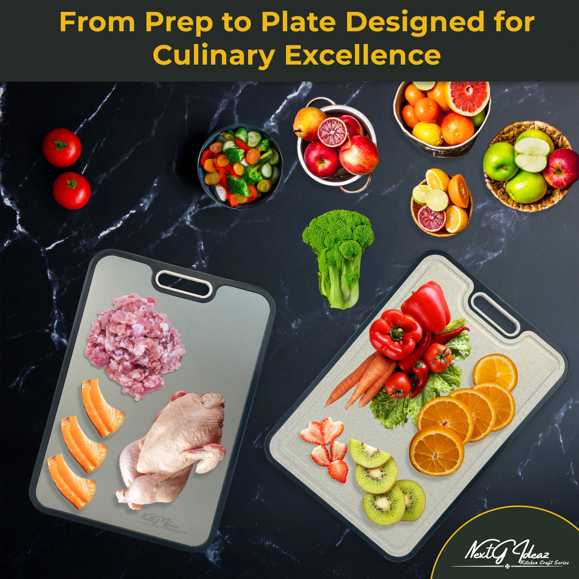 NextG Ideaz Double-Sided Cutting Board, 15x10in, Pure Titanium & Wheat Straw PP