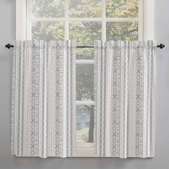 Beige Grey Striped Kitchen Curtains 63 Inches Long, Vintage Abstract Art Geometric Rod Pocket Window Curtains Panels for Bedroom/Bathroom/Nursery, Light Filtering Treatment Curtains Drapes 52"x63"