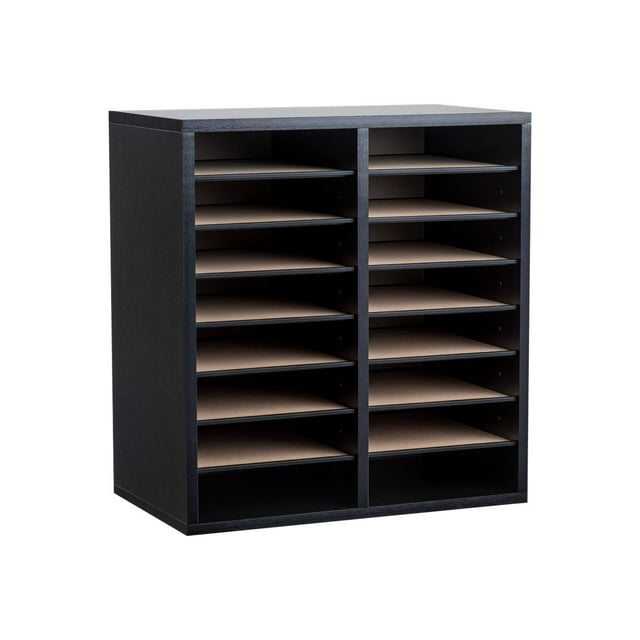 Adir Wooden Literature Organizer Sorter - Stackable Mail Craft Paper Storage Holder with Removable Shelves for Office, Classrooms, and Mailrooms Organization (16 Compartment, Black)