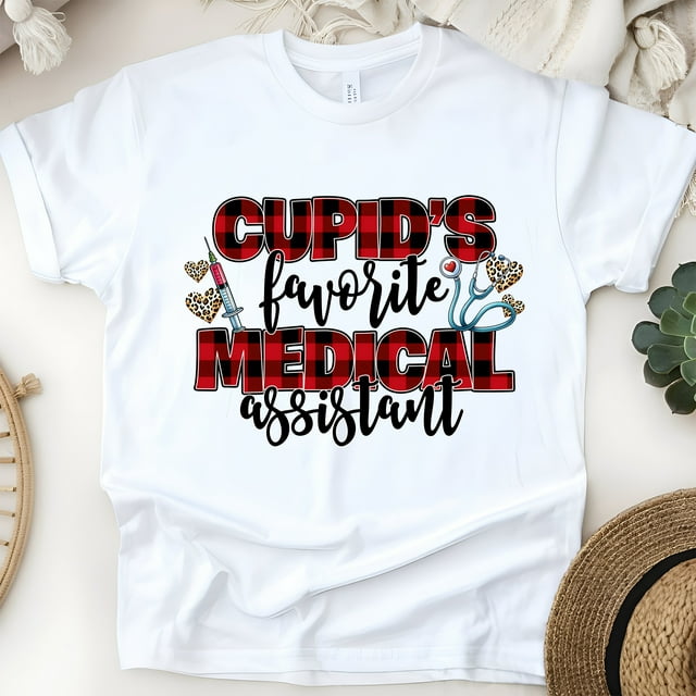 Cupid’s Favorite Medical Assistant Shirt | Plaid Heart MA Tee, White, Size 3XL