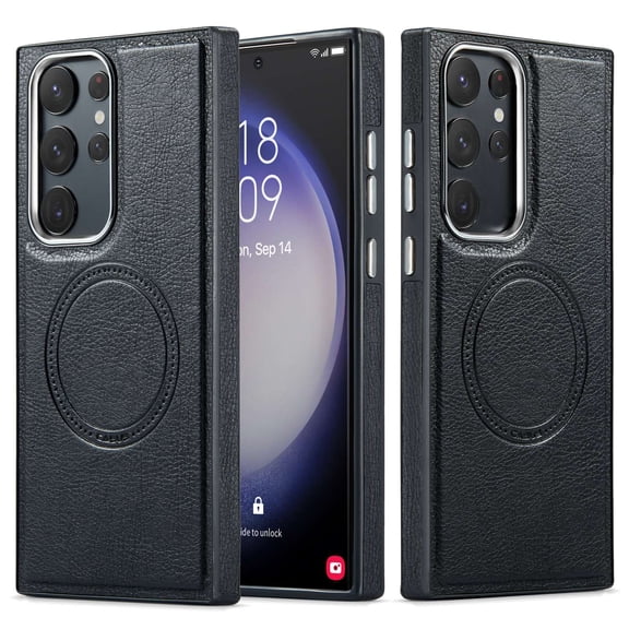 Casus Luxury Cover Compatible with MagSafe Magnetic Leather Protective Case for Samsung Galaxy S23 Ultra - Black