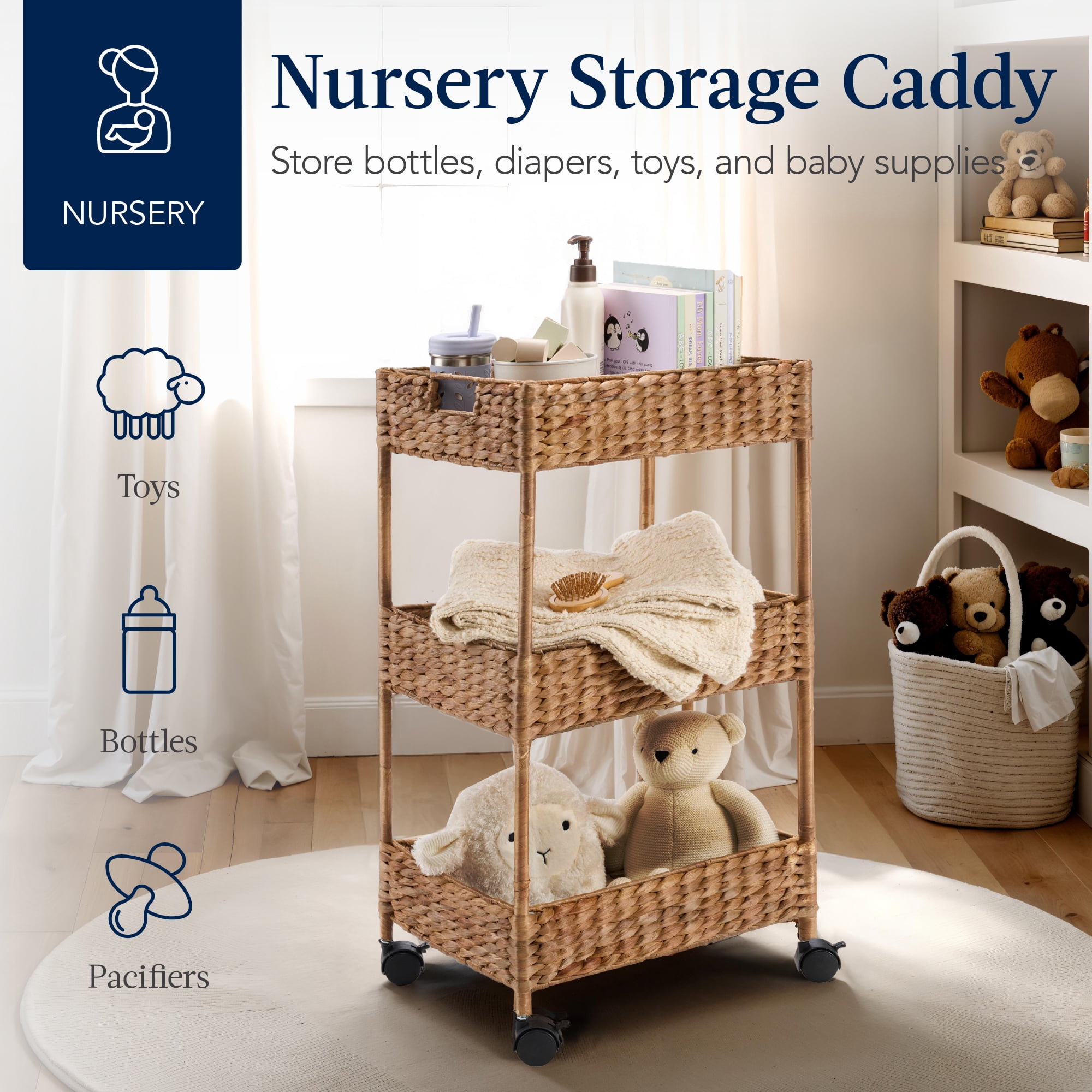Best Choice Products 3-Tier Water Hyacinth Rolling Nursery Caddy w/ Wheels, Utility Cart, Storage Organization - Chestnut