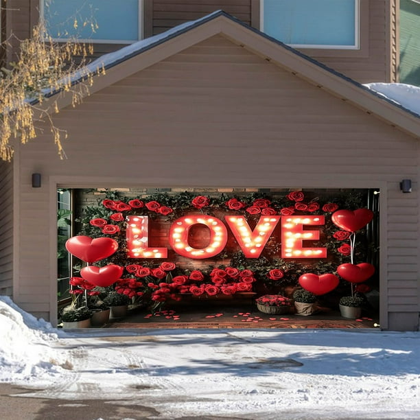 Bandera de San Valentín para puerta de garaje | Decoración de patio exterior con diseño de corazón | Bandera colgante resistente a la intemperie para cenas románticas o celebraciones