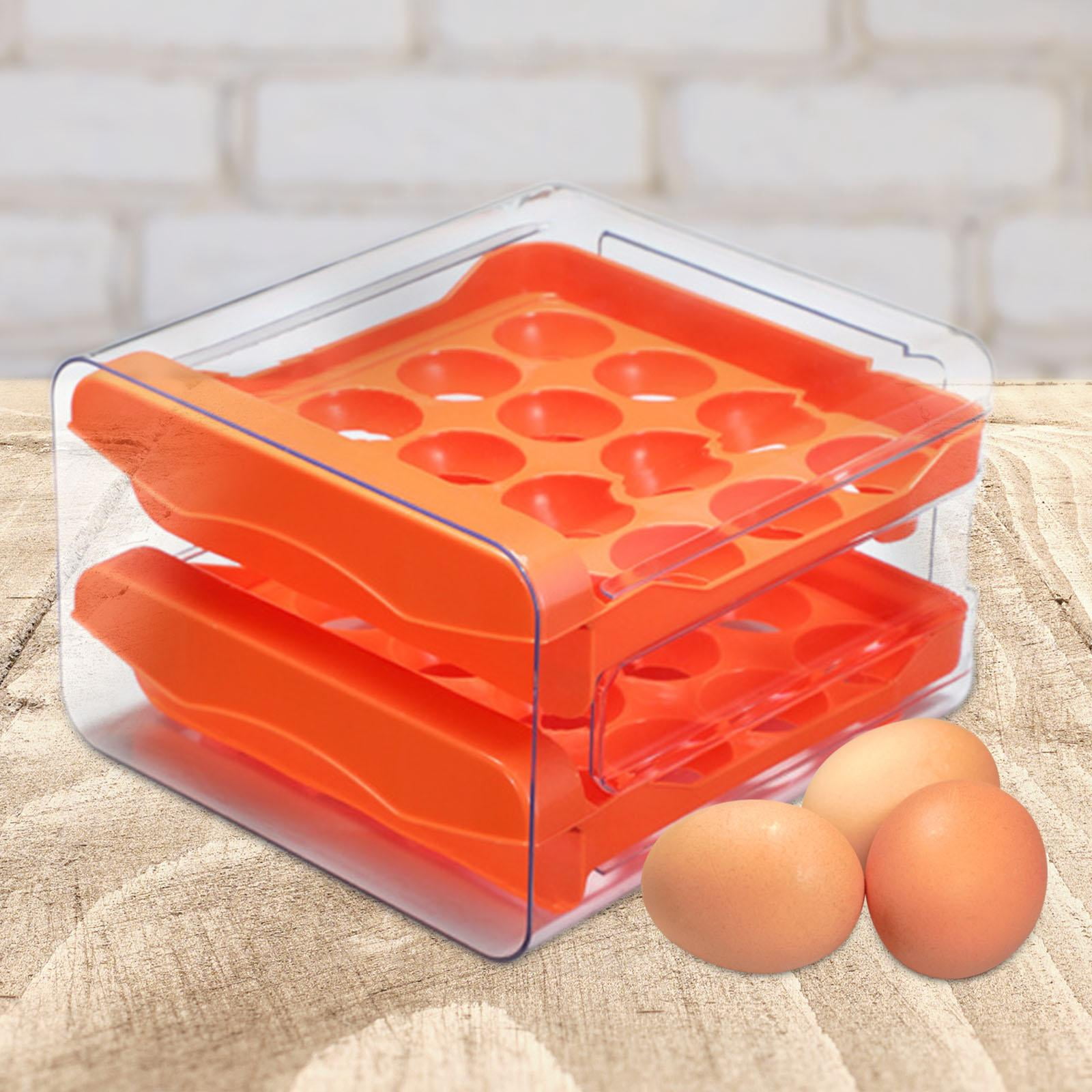 Fiocias Refrigerator Egg Storage Box Fridge Egg Organizer 2 Layer Reusable Pull Out Egg Orange