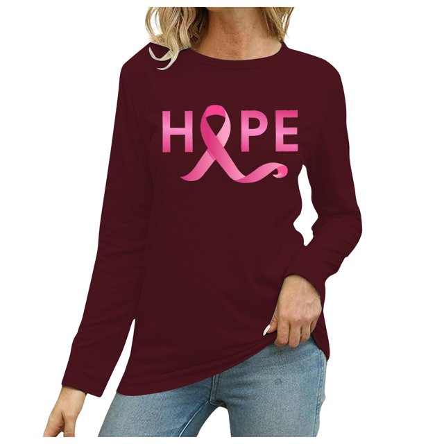 MKLEKYY Hauts Ajustés pour Femmes T-Shirt à Manches Longues Imprimé Mois de la Prévention du Cancer Col Rond Décontracté pour Femmes