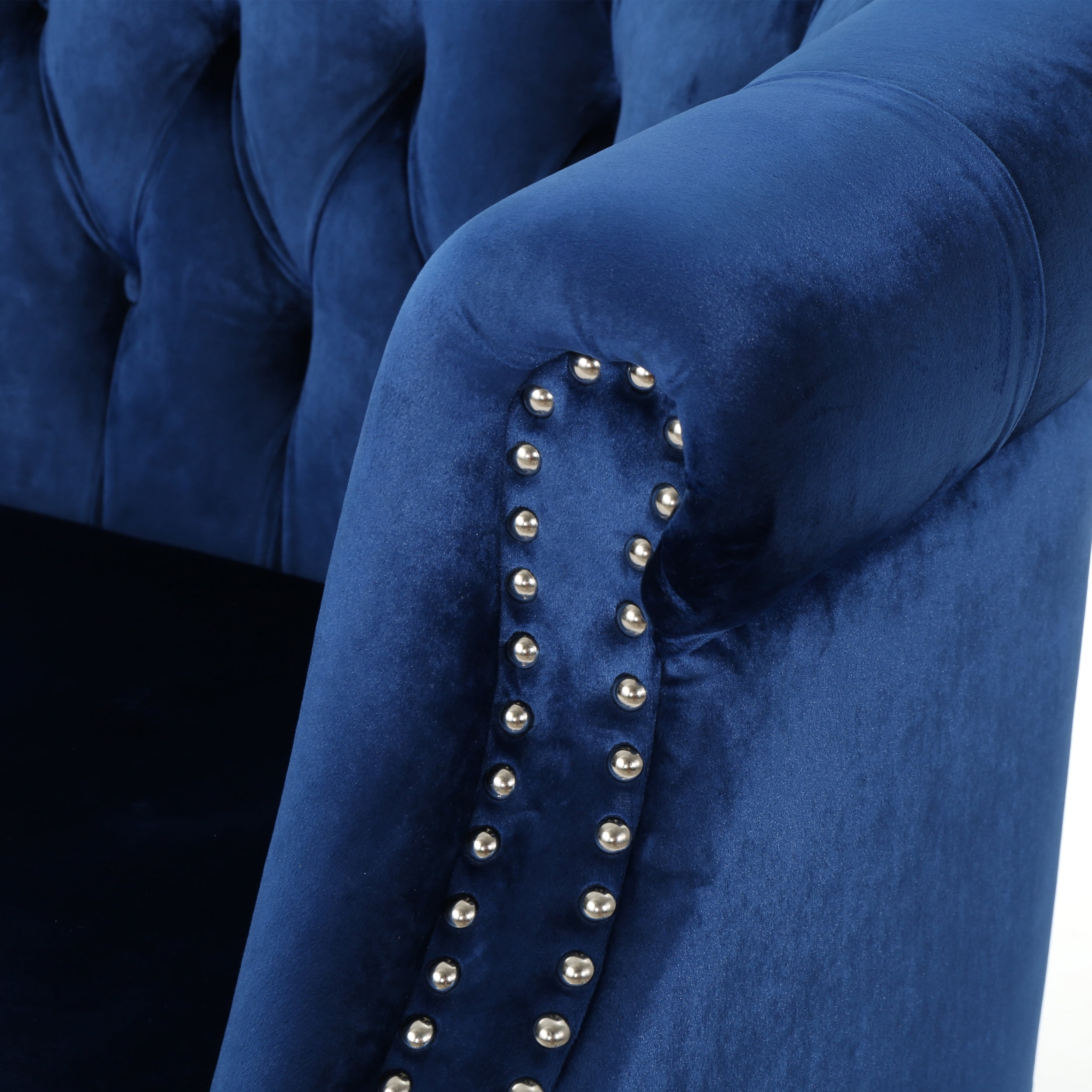 Noble House Myrna Chesterfield Velvet Loveseat with Scrolled Arms, Navy Blue
