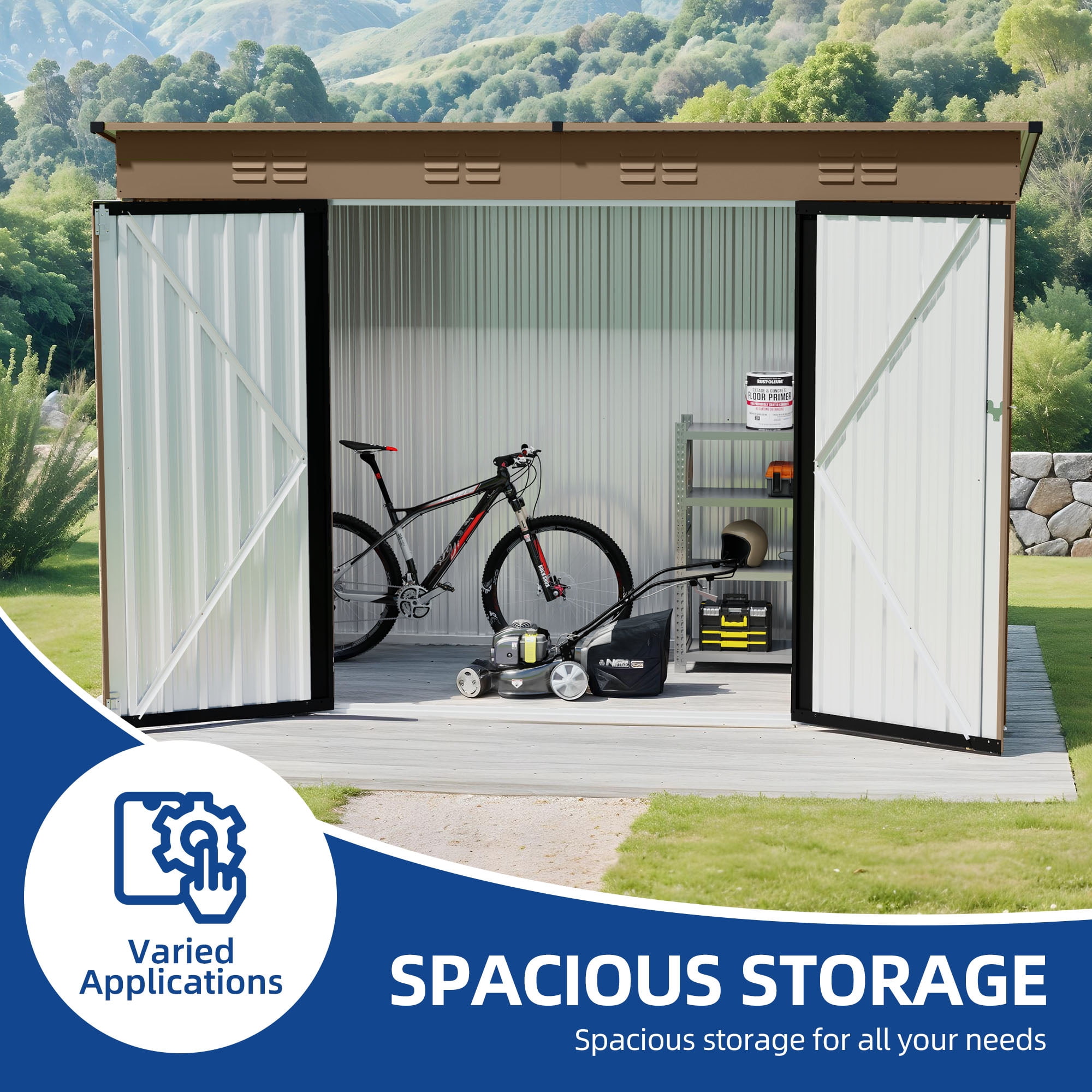 Uforic Oversized Steel Storage Shed with Ventilation, Lockable Doors, and Sloped Roof for Outdoor, Brown