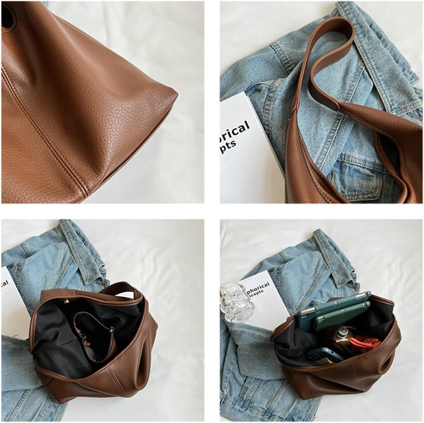 HLSOHJP Slouchy Hobo Bags for Women Tote Bag Retro PU Leather Crossbody Purse Soft Shoulder Purses 2pcs Work College Handbags