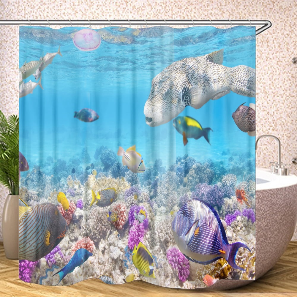 Ocean Underwater Sea Turtle Shower Curtain, Seawater Seabed Landscape Beach Sea Turtle Fish