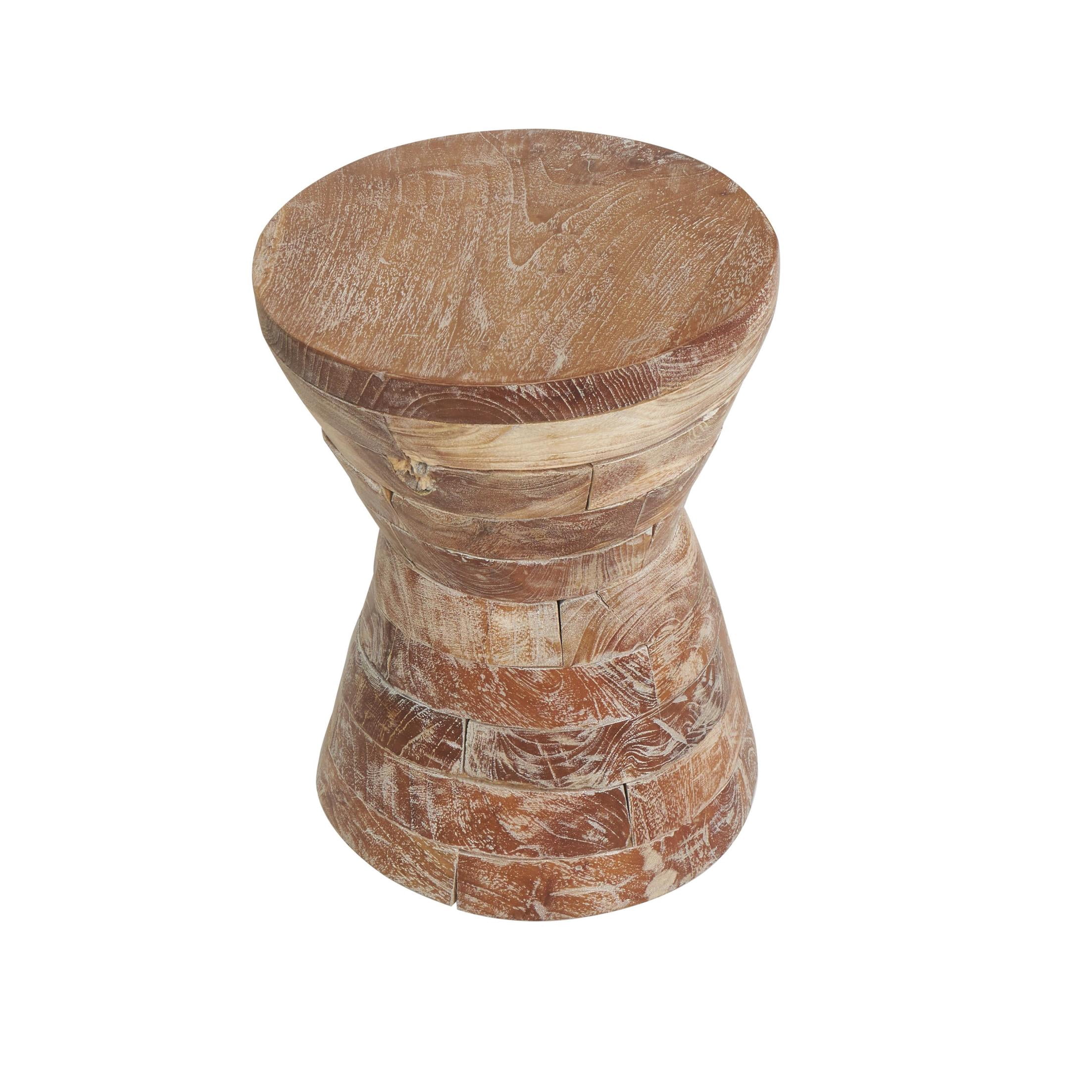 DecMode 14" x 19" Brown Teak Wood Handmade Hourglass Geometric Accent Table with Stacked Wood Pieces, 1-Piece